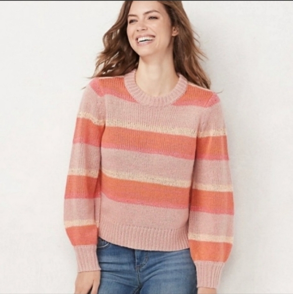 Lauren Conrad Pink Striped Puff Sleeves Sequin Sweater XXL - Picture 1 of 5